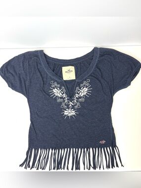 Hollister Navy Blue Short-Sleeve Festival Embroidered Fringe Boho Top SM